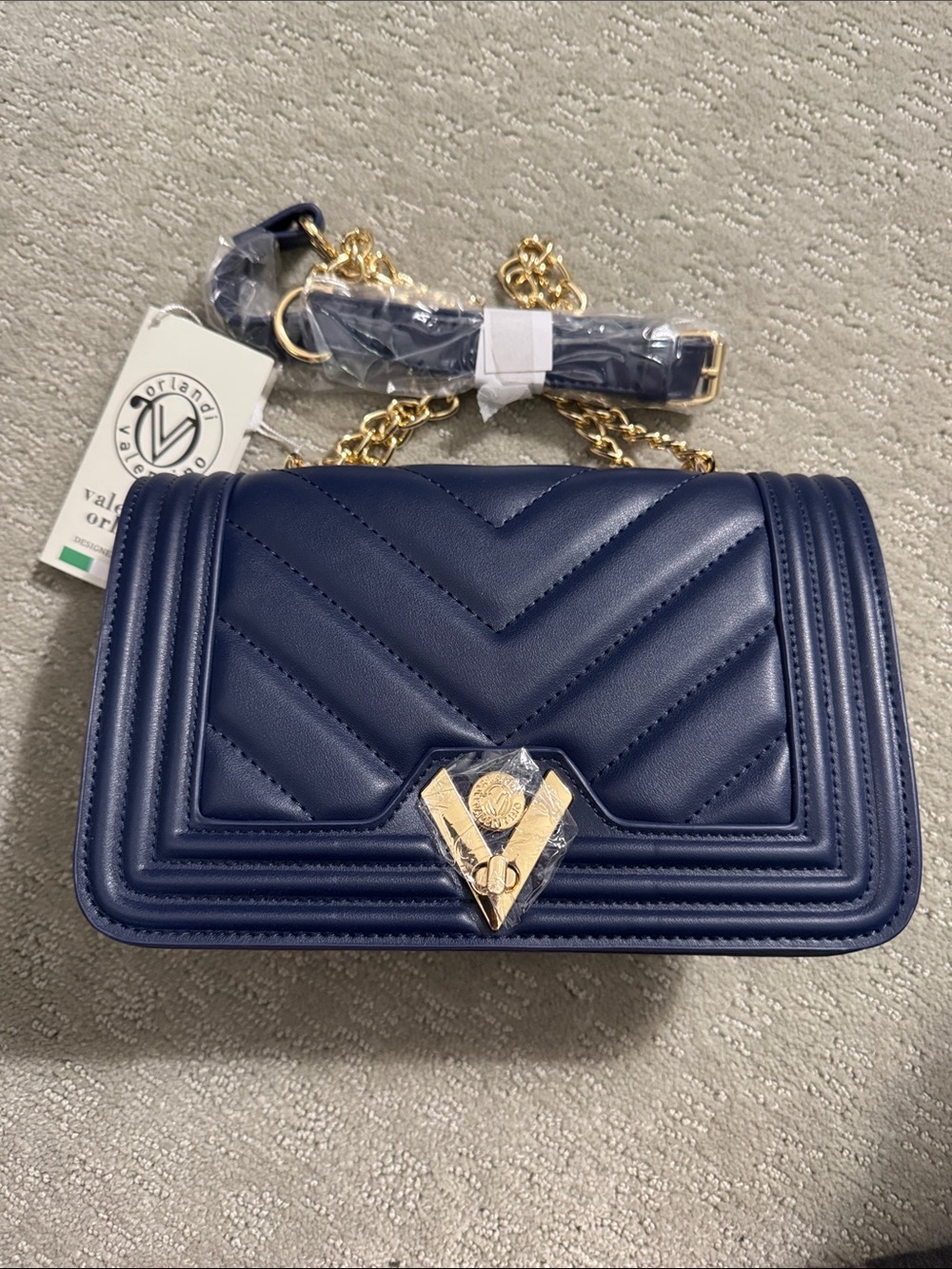 Valentino Orlandi Navy Quilted Shoulder Bag with Gold Chain